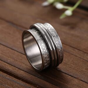 Flowers Stainless Steel Spinner Rings Fidget Band for Women Girls Men Rotating Stress Relief Anxiety Finger Wide Ring Matching Couple Promise Jewelry Girlfriend Boyfriend Bff Gifts Valentine's Day Birthday (10)