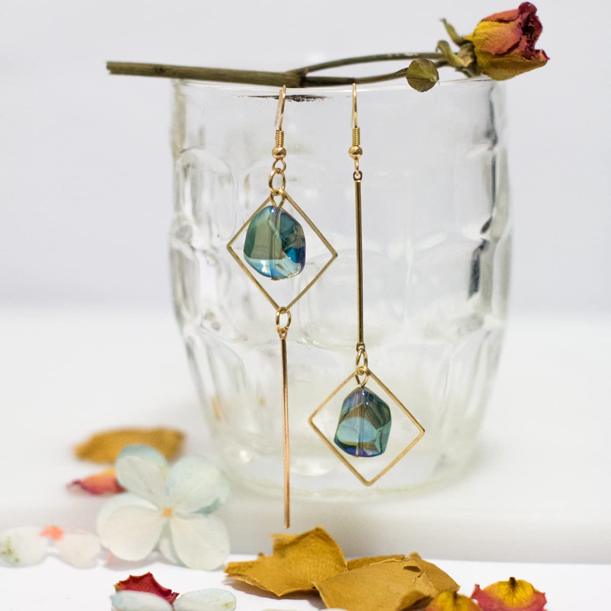 Mismatch Asymmetry Colorful Glass Drop Dangle Earrings-Simplicity Fashion Geometric Abstract Earrings for Women