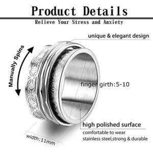 Flowers Stainless Steel Spinner Rings Fidget Band for Women Girls Men Rotating Stress Relief Anxiety Finger Wide Ring Matching Couple Promise Jewelry Girlfriend Boyfriend Bff Gifts Valentine's Day Birthday (10)