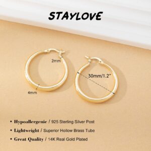 STAYLOVE Big Thick Gold Hoop Earrings for Women 14K Real Gold Plated Classic Lightweight Chunky Gold Hoops Hypoallergenic Hoop Earrings with 925 Sterling Silver Post, 30MM