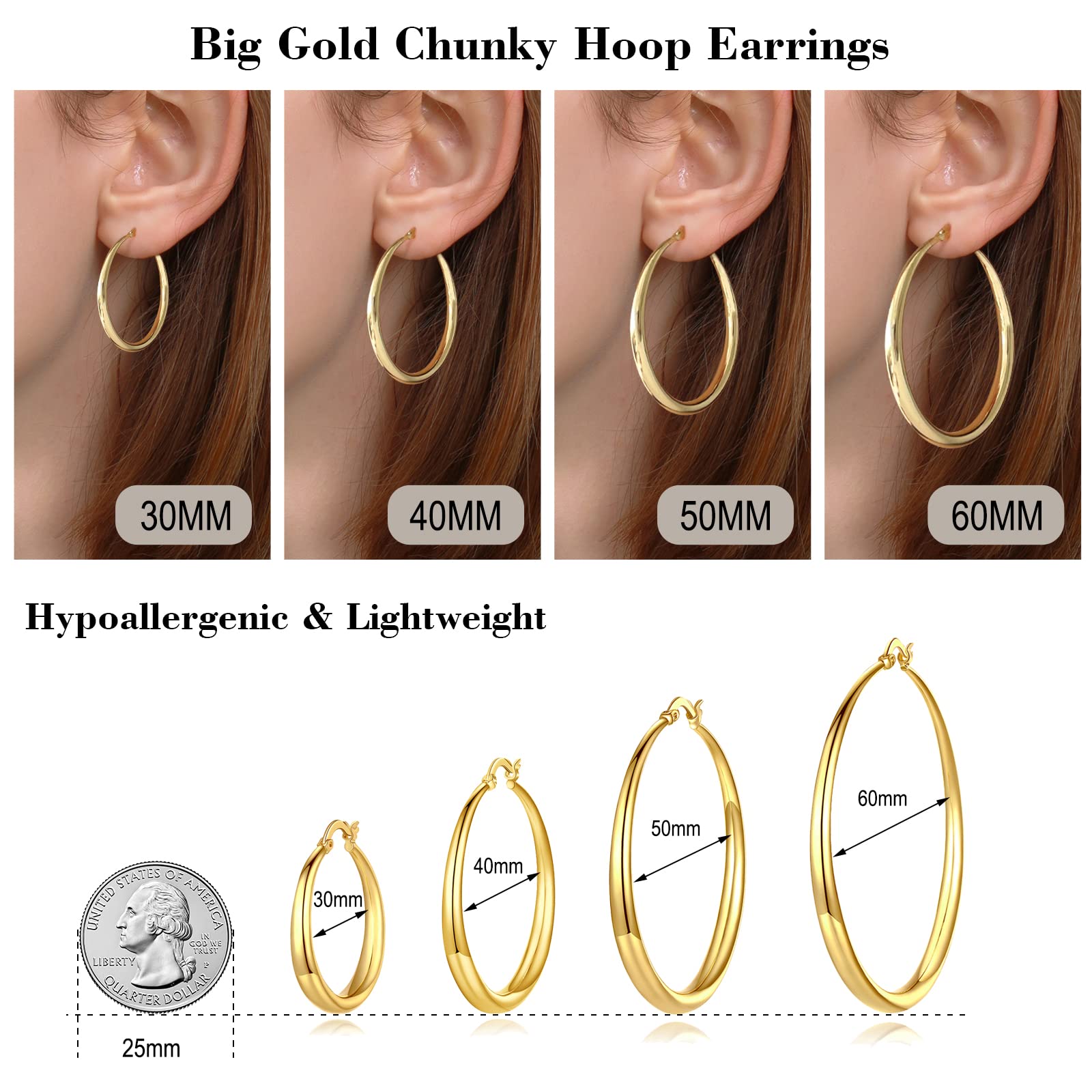 STAYLOVE Big Thick Gold Hoop Earrings for Women 14K Real Gold Plated Classic Lightweight Chunky Gold Hoops Hypoallergenic Hoop Earrings with 925 Sterling Silver Post, 30MM