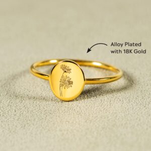 Story Jewellery Birth Month Flower Rings for Women, Gold Plated Engraved Signet Birth Month Floral Rings for Her, Non-Precious Metal, No Gemstone