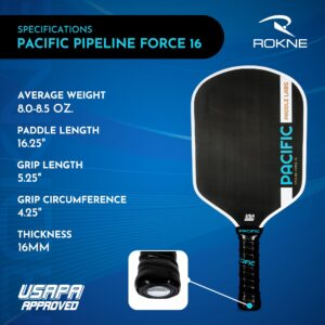 PACIFIC PADDLE LABS Pipeline Force 16 Pickleball Paddle, Raw Carbon Fiber, 16MM, Supra Foam Lined Edge, Reinforced Carbon Sidewall,USAPA Approved, GrindIT Grit Texture, Includes Paddle Cover