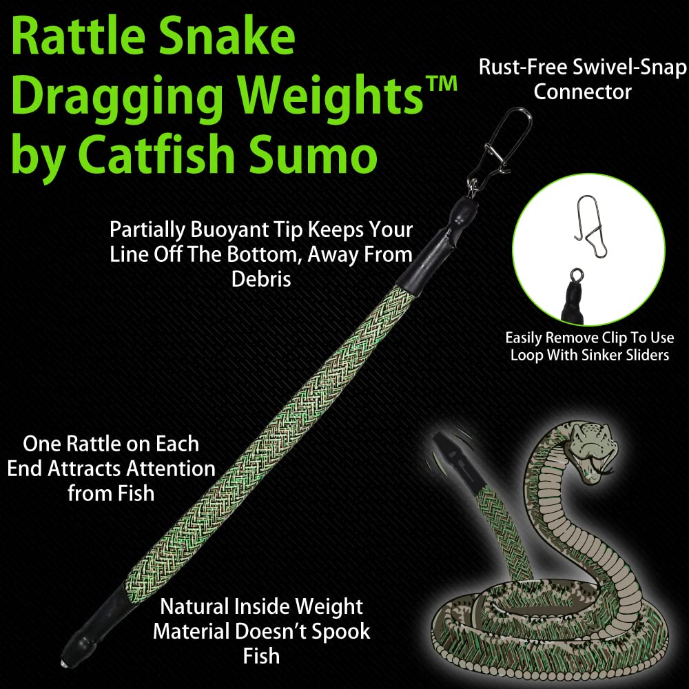 Rattle Snake Dragging Weights, Snagless Sinkers for Dragging, Trolling, and Drifting. Rattles to Attract Catfish (4oz, 5-Pack)