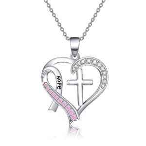 cupenda breast cancer awareness necklace sterling silver cross pink ribbon heart pendant survivor gift jewelry gifts for women