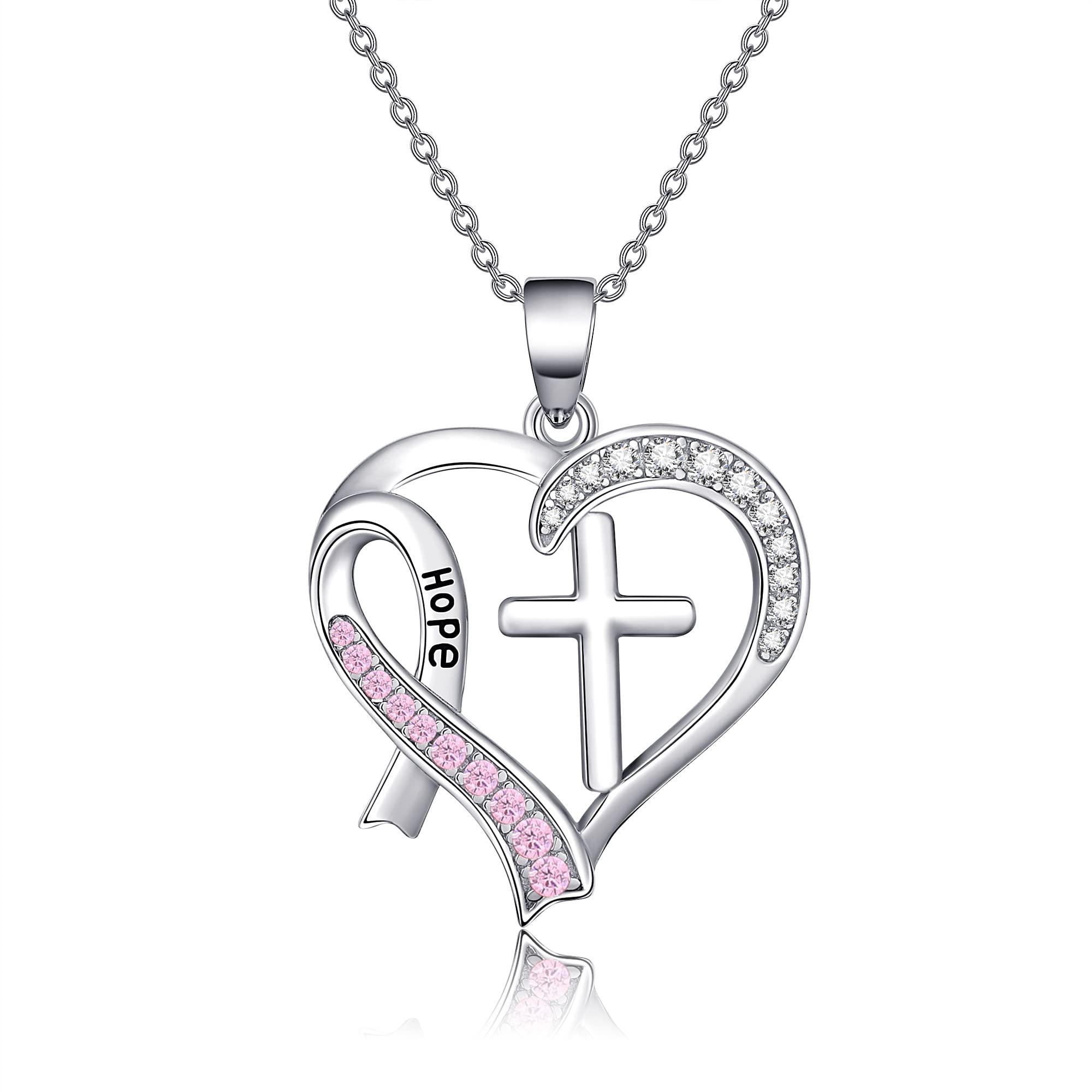 CUPENDA Breast Cancer Awareness Necklace Sterling Silver Cross Pink Ribbon Heart Pendant Survivor Gift Jewelry Gifts for Women