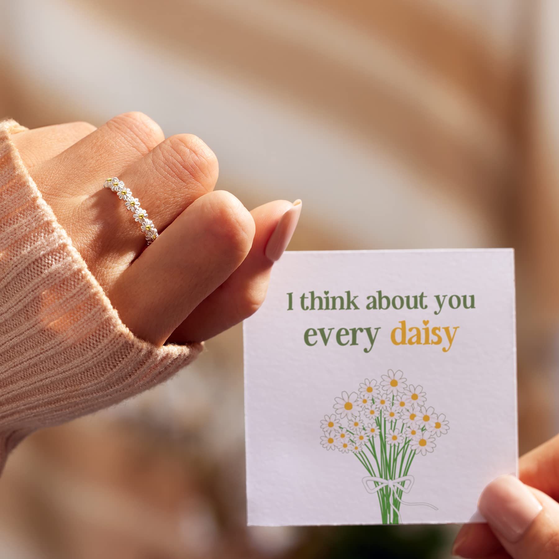 Story Jewellery I Think About You Every Daisy Ring for Women, Daisy Sunflower Rings for Women, Silver Plated Daisy Jewelry Gifts for Mother Daughter Friends, Birthday Christmas Valentines Gifts(Silver 07)