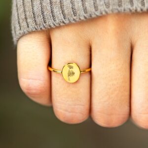 Story Jewellery Birth Month Flower Rings for Women, Gold Plated Engraved Signet Birth Month Floral Rings for Her, Non-Precious Metal, No Gemstone