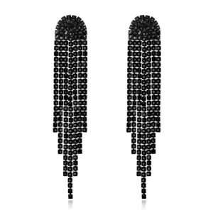 BriLove Rhinestone Earrings Dangling for Women Fashion Long Chandelier Dangling Sparkle Crystal Tassel Dangle Drop Earring Black Black-Tone