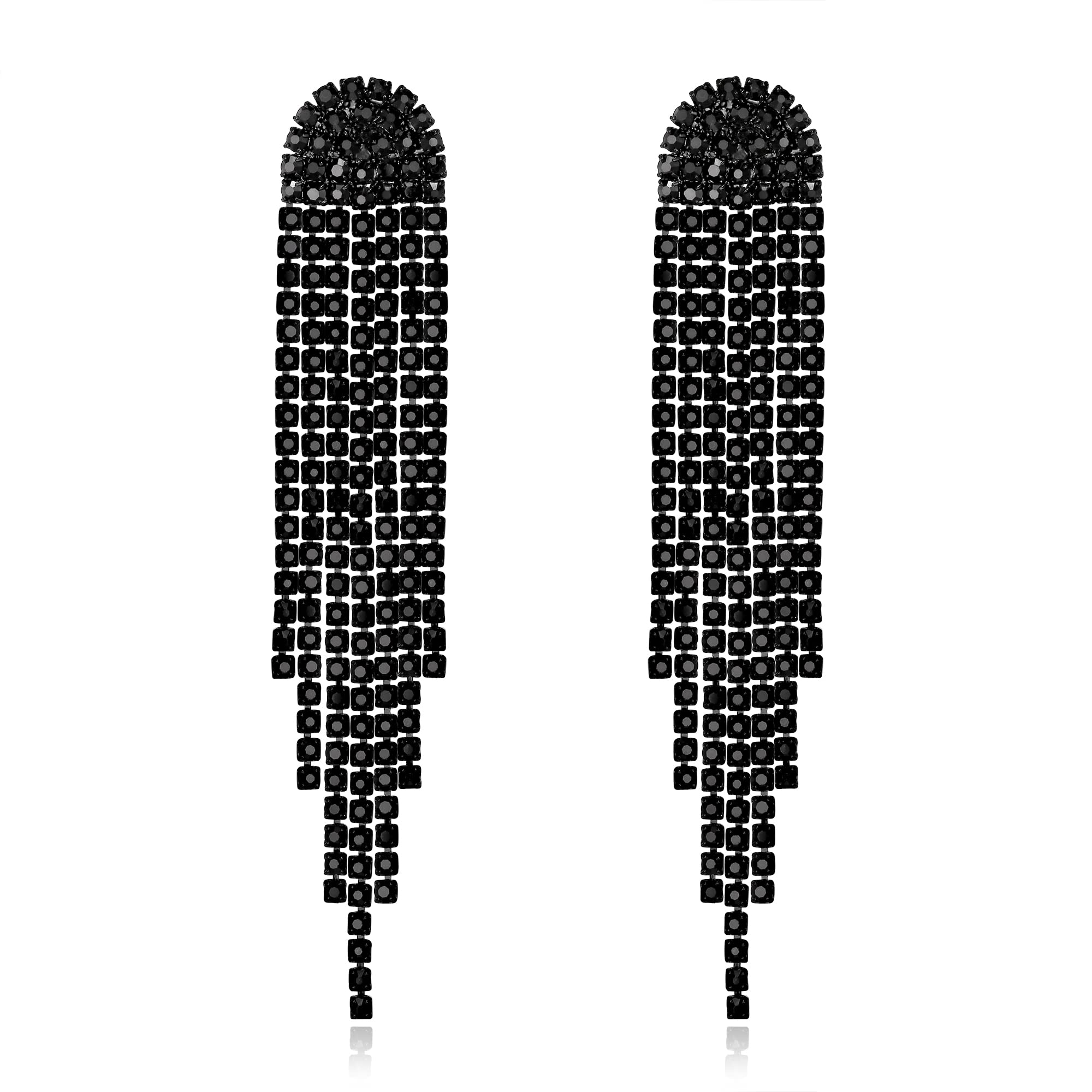 BriLove Rhinestone Earrings Dangling for Women Fashion Long Chandelier Dangling Sparkle Crystal Tassel Dangle Drop Earring Black Black-Tone