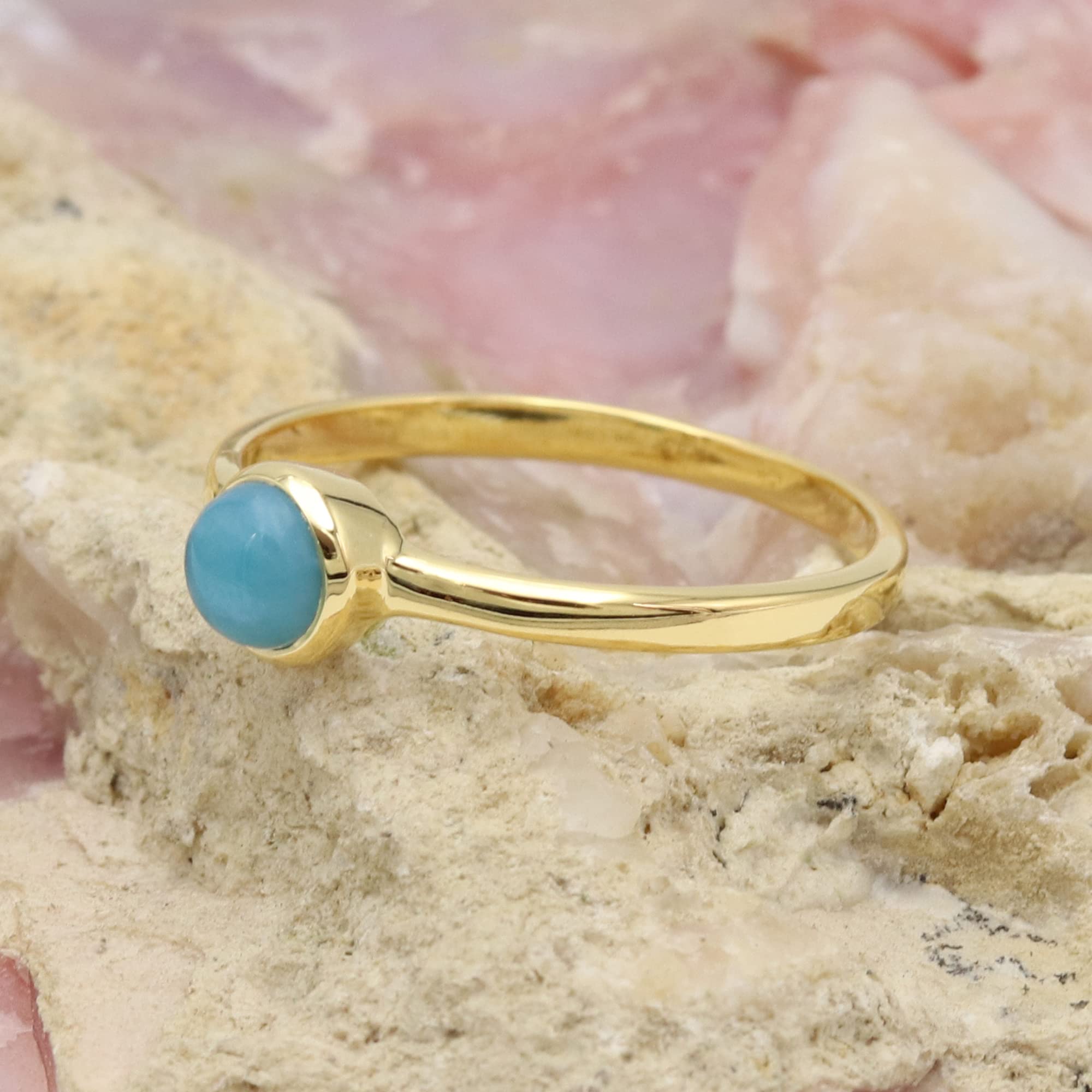 Larimar Ring, Dainty 18k Gold Stackable Ring, 5x5 mm Round Cabochon Natural Larimar Ring, Sterling Silver Handmade Ring, Ring for Her (10)