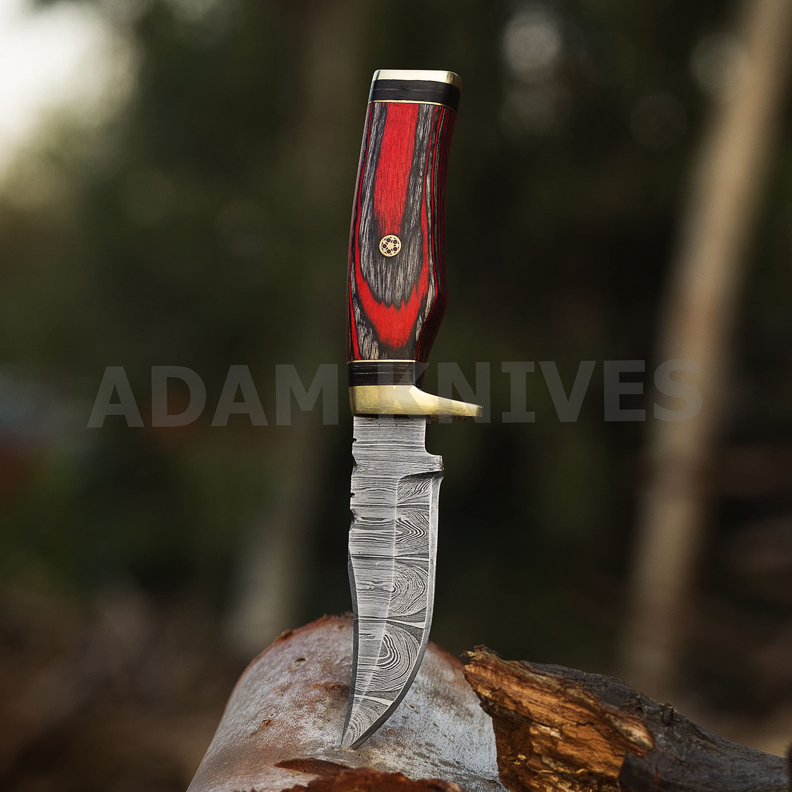 ADAM KNIVES Handmade Damascus Steel Hunting Knife | Skinning Knife | Skinner Knife | 102 Woodsman Fixed Blade Hunting Knife With Leather Sheath | Unique Gift (Red & Black)