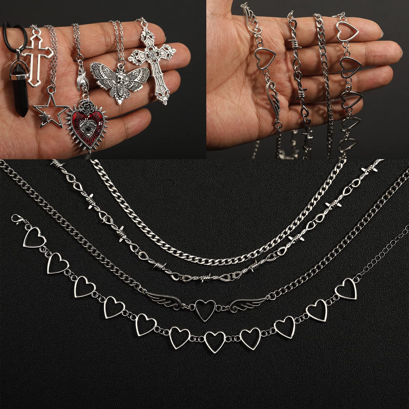 LIRUNQIN 14 Pcs Grunge Goth Necklace Set Y2k Grunge Jewelry Gothic Cross Y2k Star Emo Accessories Y2k Jewelry Set for Women Men