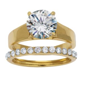 PalmBeach Yellow Gold Ion-Plated Stainless Steel Round Cubic Zirconia Bridal Ring Set Sizes 6-10 Size 7