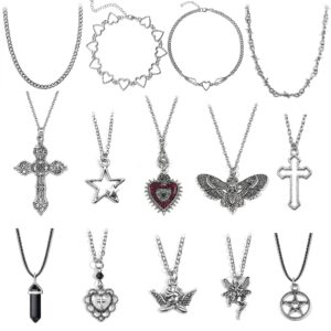 lirunqin 14 pcs grunge goth necklace set y2k grunge jewelry gothic cross y2k star emo accessories y2k jewelry set for women men