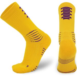 keskale elite basketball socks, cushion crew athletic sport compression socks for men women youth, yellow-b-1 pair, medium-large