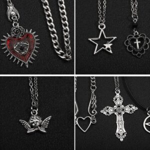 LIRUNQIN 14 Pcs Grunge Goth Necklace Set Y2k Grunge Jewelry Gothic Cross Y2k Star Emo Accessories Y2k Jewelry Set for Women Men