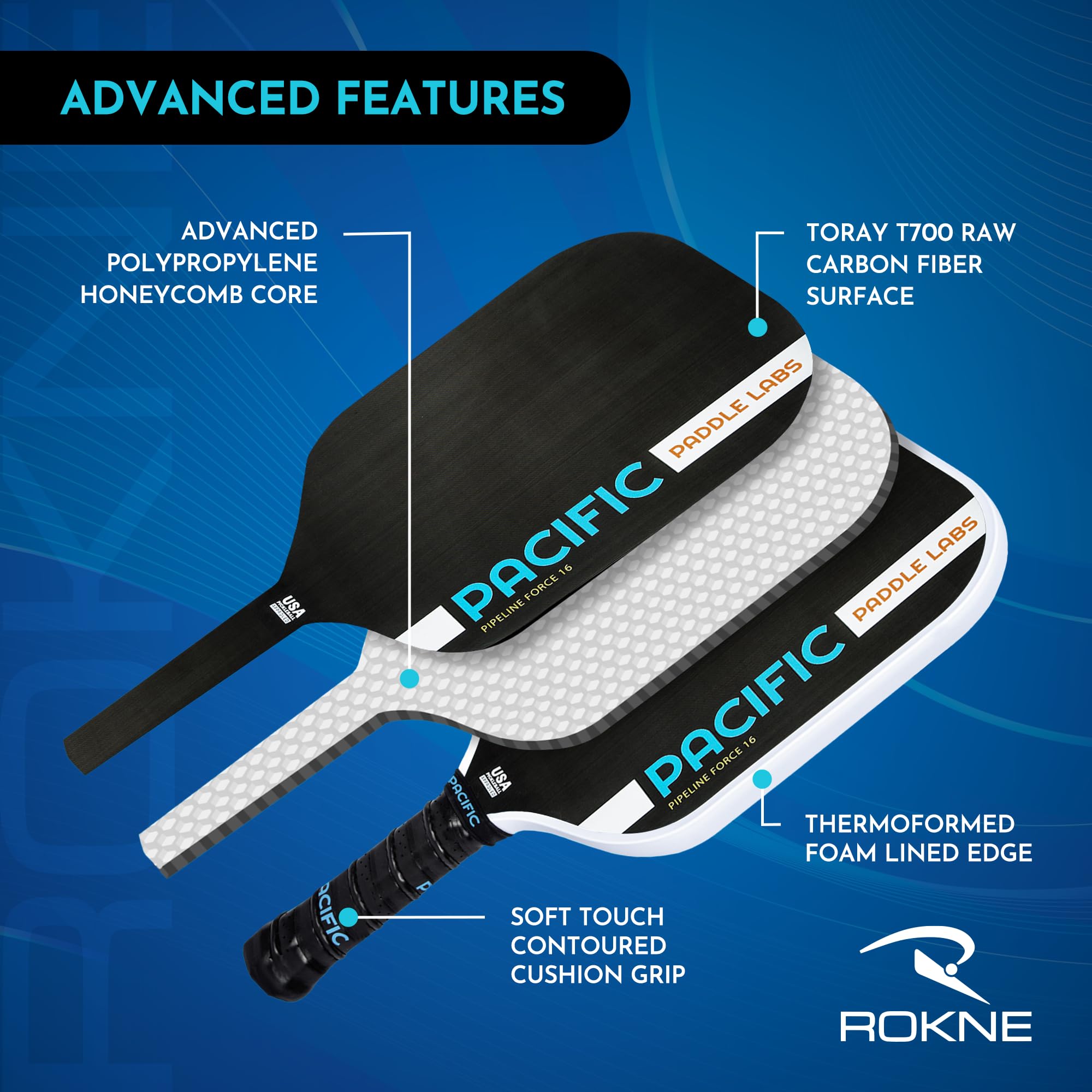 PACIFIC PADDLE LABS Pipeline Force 16 Pickleball Paddle, Raw Carbon Fiber, 16MM, Supra Foam Lined Edge, Reinforced Carbon Sidewall,USAPA Approved, GrindIT Grit Texture, Includes Paddle Cover