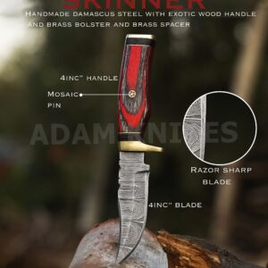 ADAM KNIVES Handmade Damascus Steel Hunting Knife | Skinning Knife | Skinner Knife | 102 Woodsman Fixed Blade Hunting Knife With Leather Sheath | Unique Gift (Red & Black)