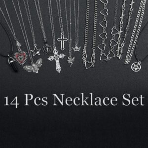 LIRUNQIN 14 Pcs Grunge Goth Necklace Set Y2k Grunge Jewelry Gothic Cross Y2k Star Emo Accessories Y2k Jewelry Set for Women Men