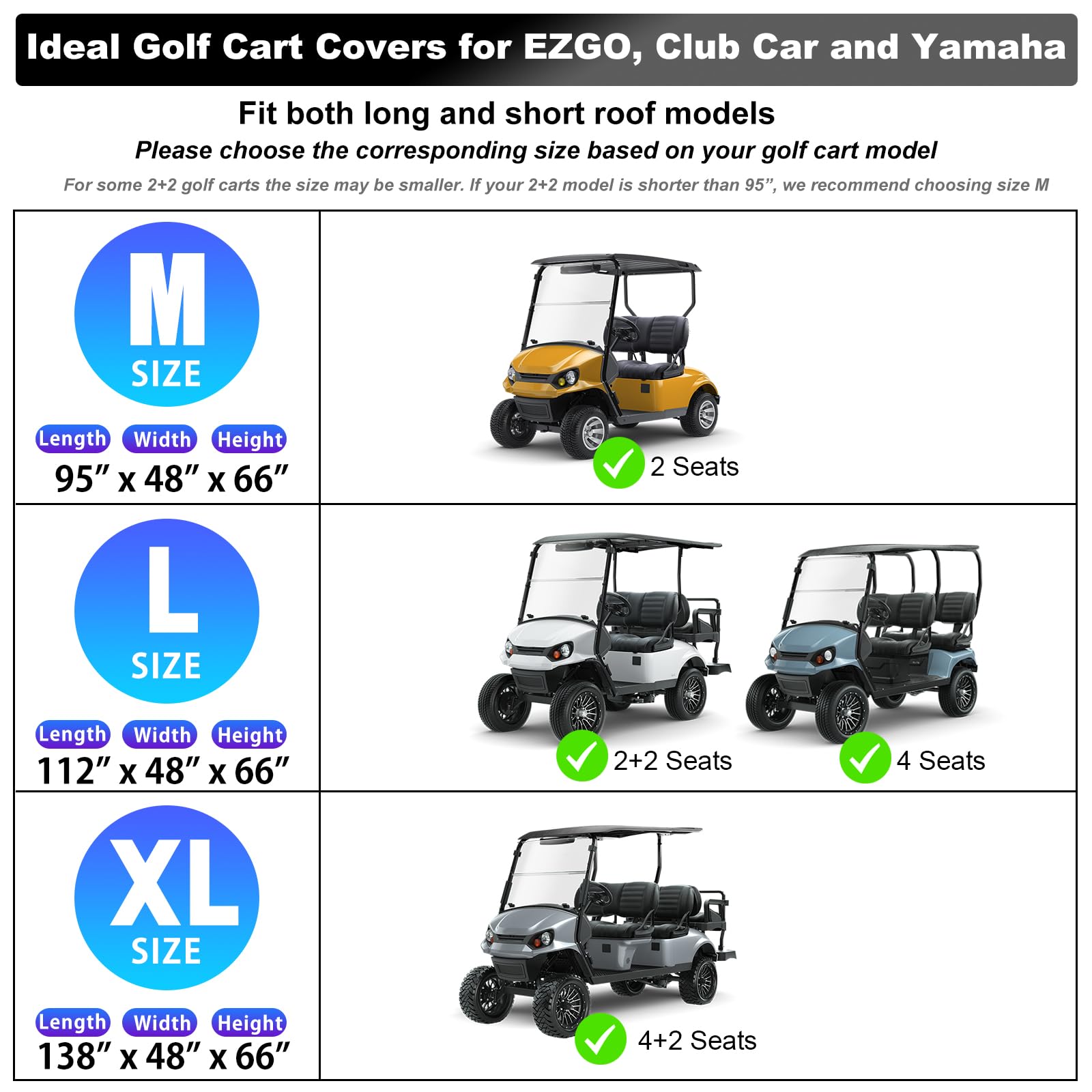 Rosefray Waterproof Golf Cart Cover for EZGO, Club Car and Yamaha Universal Fits for Most 2 Passenger Golf Cart,Black