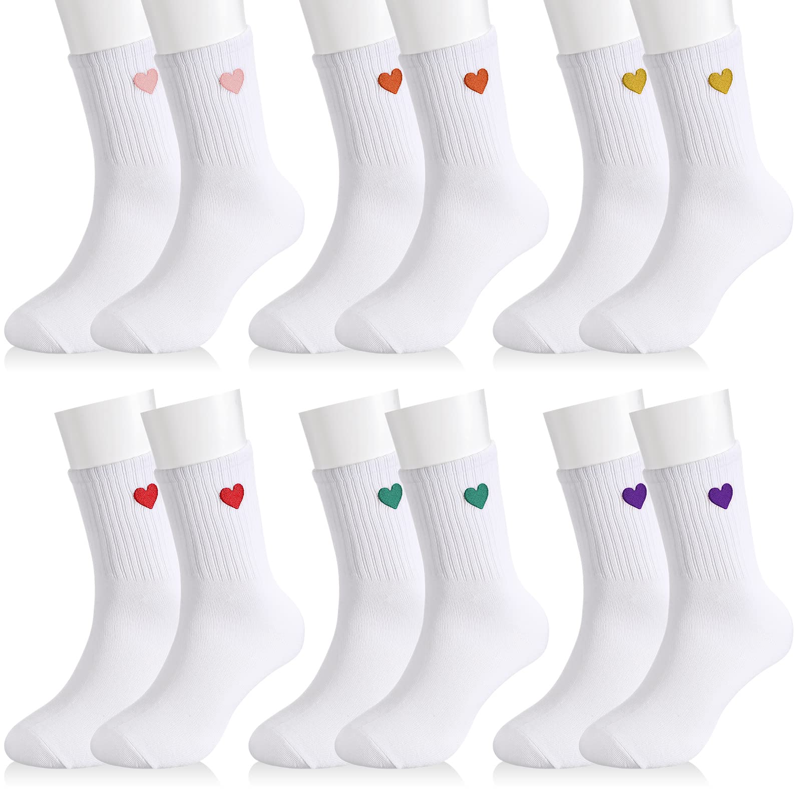 Umigy 6 Pair Crew Socks for Women Heart Shape Ankle High Cotton Fun Cute Athletic Running Socks Valentine's Day Gifts for Women Size 9-11 Teens, White