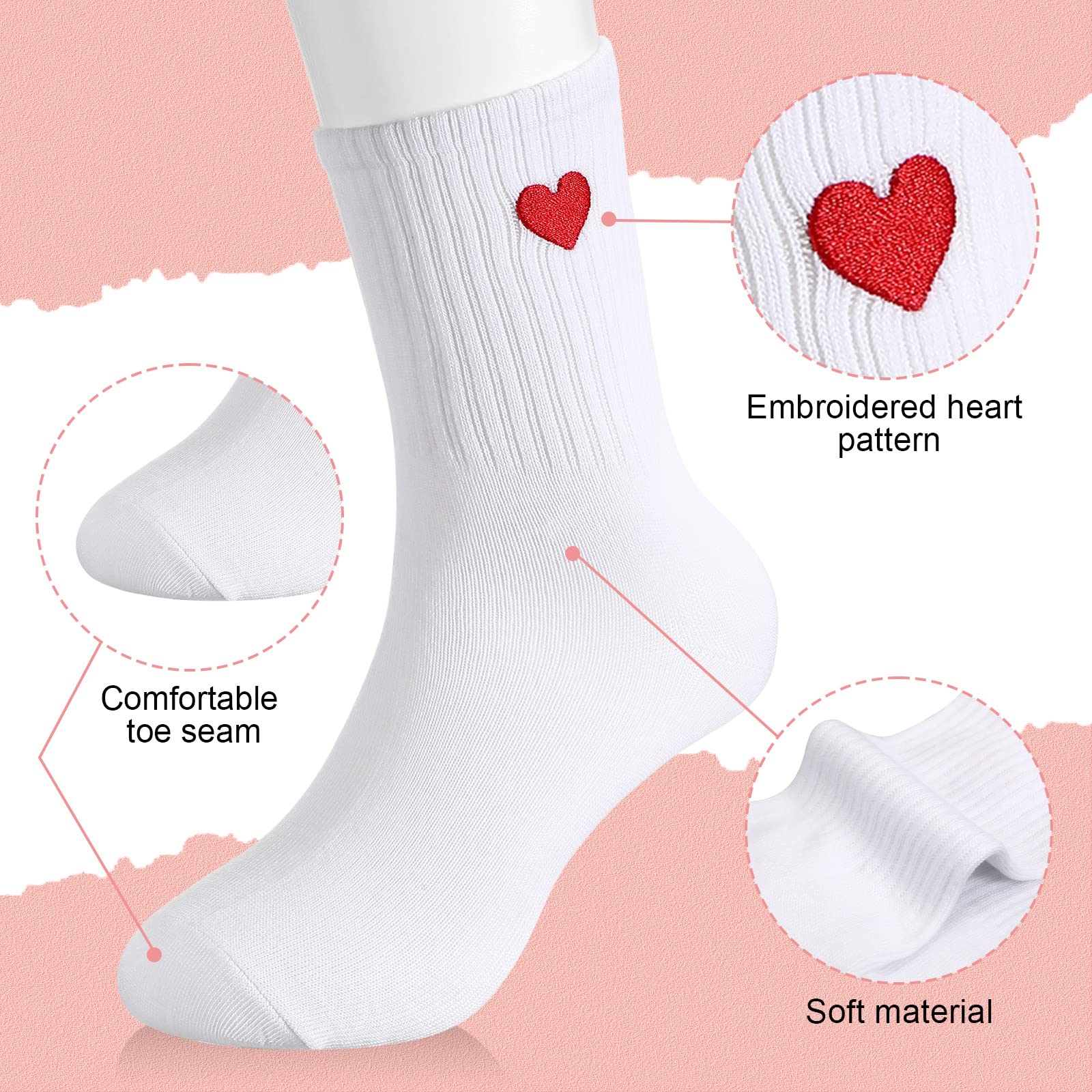 Umigy 6 Pair Crew Socks for Women Heart Shape Ankle High Cotton Fun Cute Athletic Running Socks Valentine's Day Gifts for Women Size 9-11 Teens, White