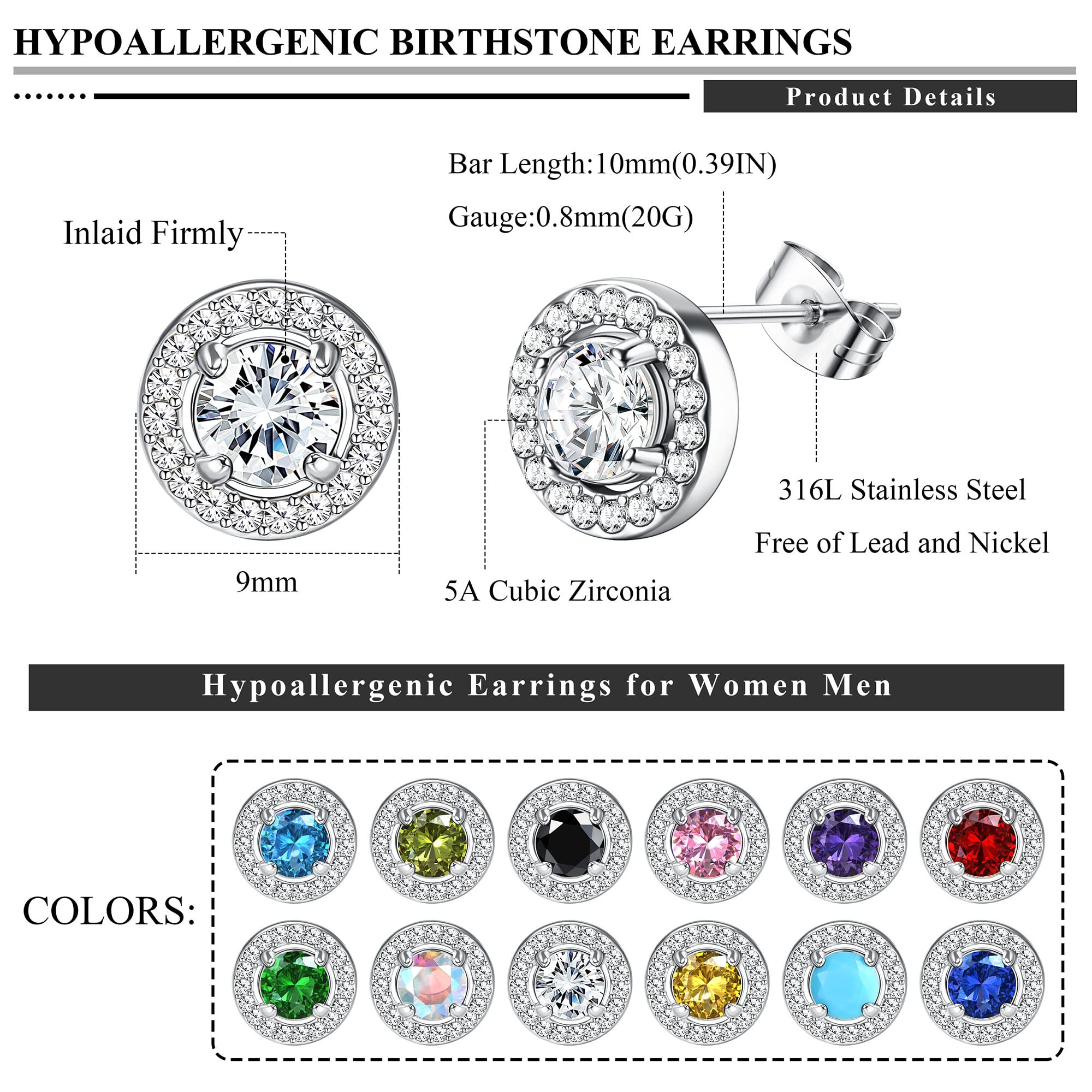 CASSIECA Cubic Zirconia Stud Earrings | 18K White Gold Hypoallergenic Birthstone Earrings | Brilliant Large Simulated Diamond Halo Stud Earrings for Women Men