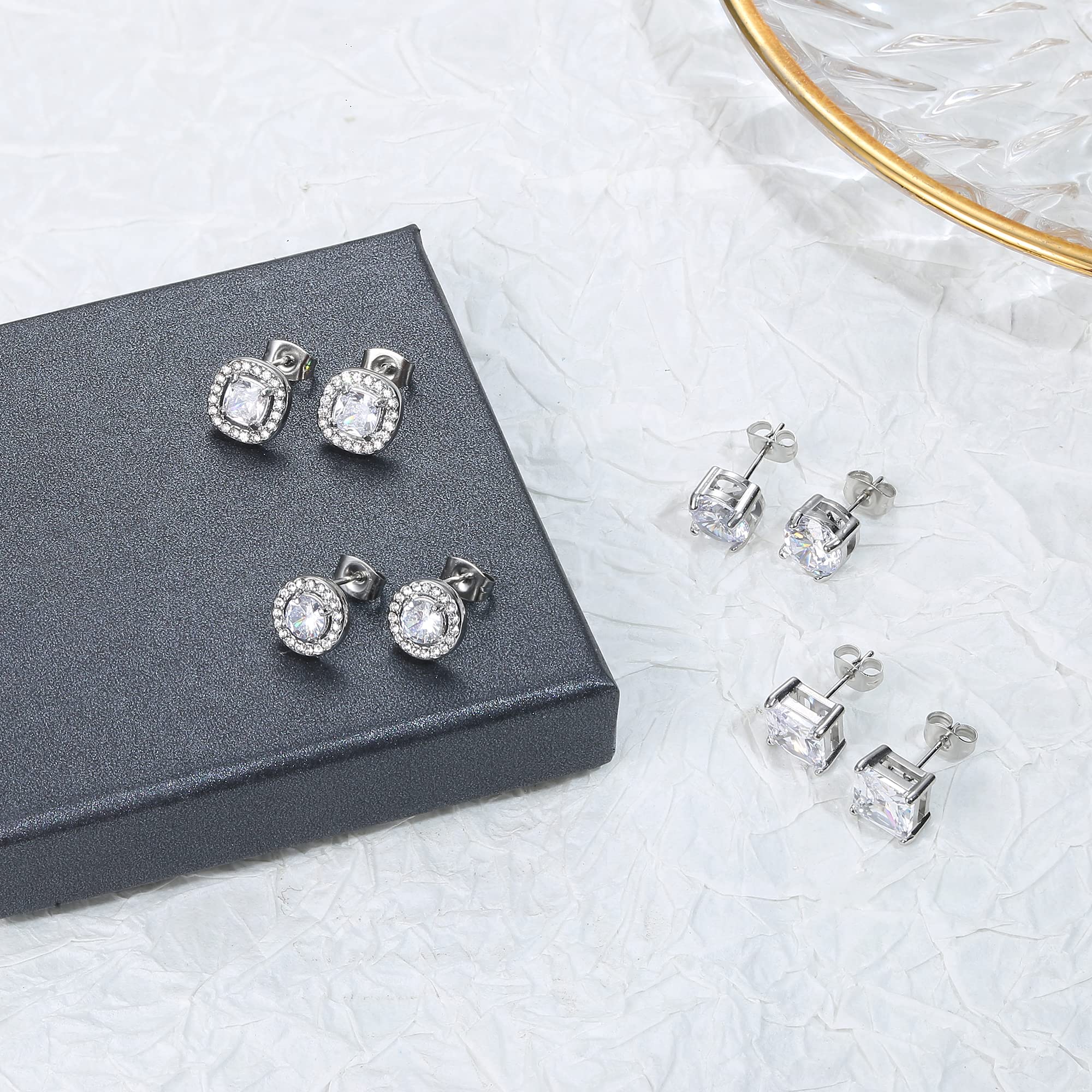 CASSIECA Cubic Zirconia Stud Earrings | 18K White Gold Hypoallergenic Birthstone Earrings | Brilliant Large Simulated Diamond Halo Stud Earrings for Women Men