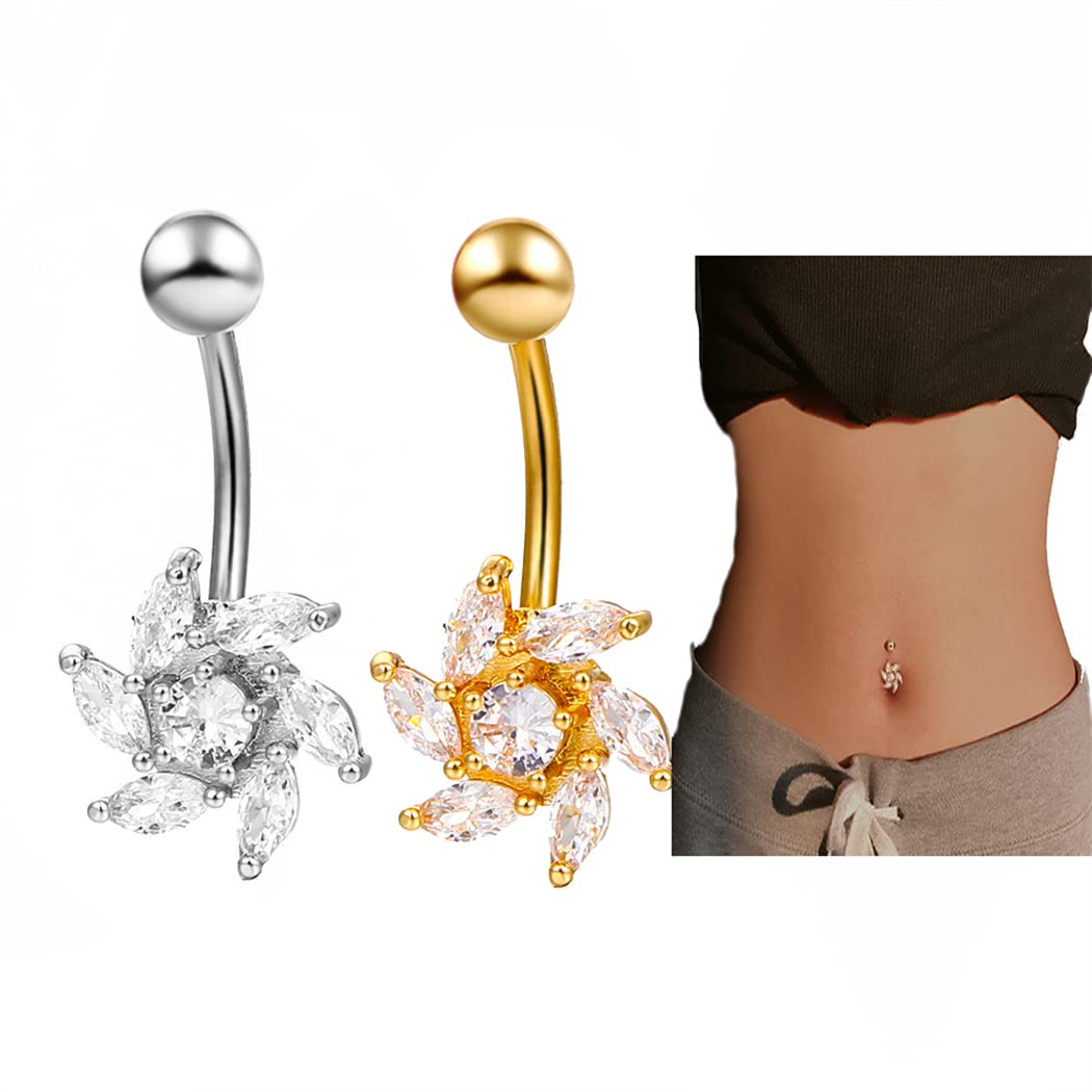 2Pcs Detoxifying Slimming Acupointtherapy Bellyring, Flower Butterfly Belly Button Rings, Lymphdrainage Bellybutton Rings, Non Piercing Acupressure Slimming Belly Button Rings (Flower)