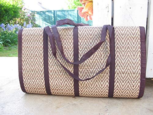 Handmade Woven Thai Beach Mat - Straw Ground Mat for Camping, Yoga, Meditation, Festivals, Concerts - Eco-friendly Reed Mat - Foldable - 70 Inches x 35 Inches