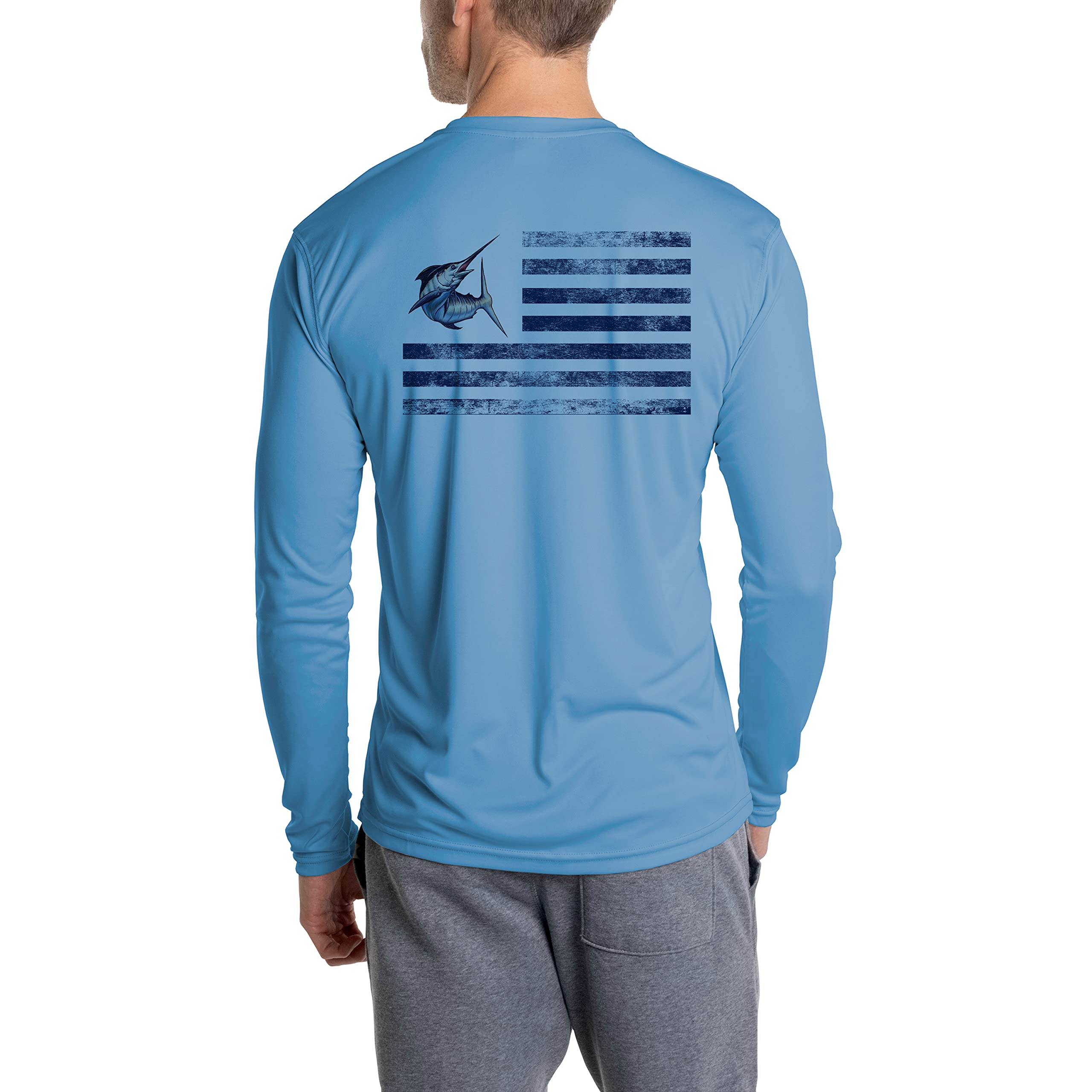 Vapor Apparel Men's Marlin Fish Flag Solar Outdoor UPF 50+ Long Sleeve T-Shirt, UV Sun Protection for Fishing, Running, Hiking, Columbia Blue, Large