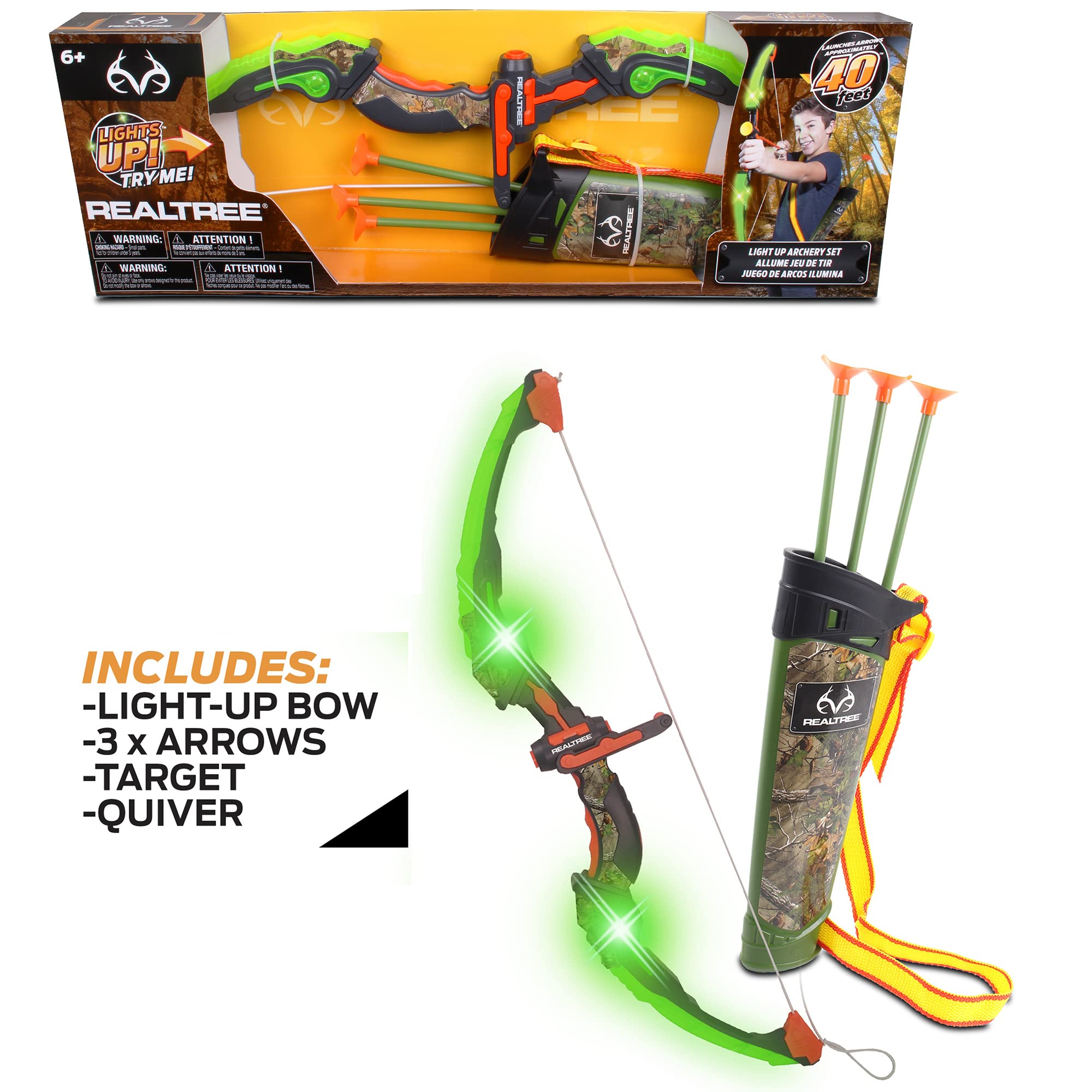 NKOK RealTree: Light-Up Archery Set 24.5" - Green -With Quiver, #25020, Arrows Can Shoot Up To 40 Feet, Includes 3 Arrows & Target, Lights Up & Flashing Patterns, Officially Licensed, For Kids Ages 6+