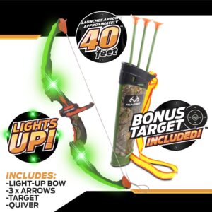 NKOK RealTree: Light-Up Archery Set 24.5" - Green -With Quiver, #25020, Arrows Can Shoot Up To 40 Feet, Includes 3 Arrows & Target, Lights Up & Flashing Patterns, Officially Licensed, For Kids Ages 6+