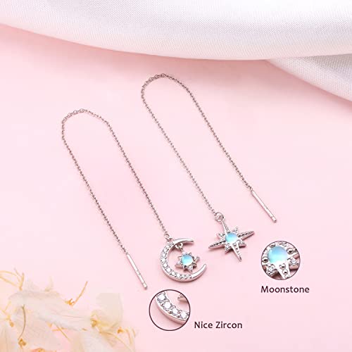 Threader Earrings for Women 925 Sterling Silver Moonstone Moon Star Earrings Tassel Threader Chain Earrings