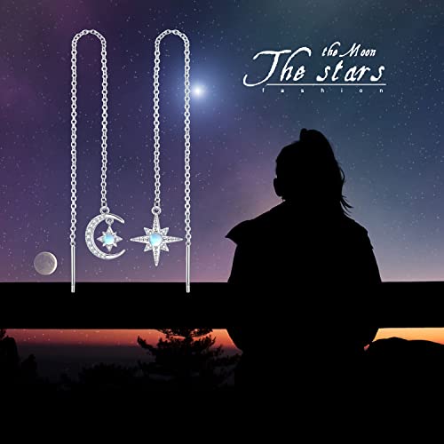 Threader Earrings for Women 925 Sterling Silver Moonstone Moon Star Earrings Tassel Threader Chain Earrings