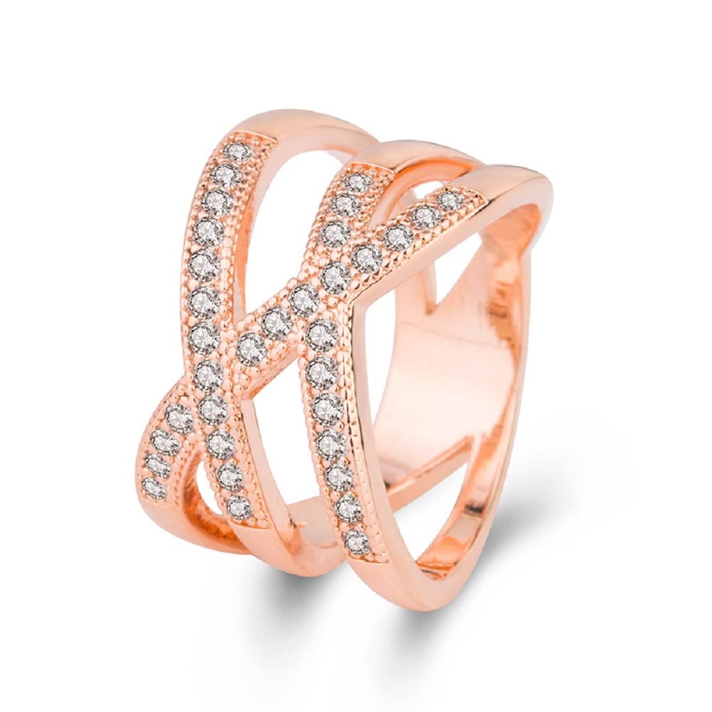 ZDIFDIC Fashion Rose Gold Overlapping Rings For Women Intertwined Crossover Statement X Ring Cross Ring Cubic Zirconia Ring Engagement Promise Band Wedding Rings for Women Gifts (7#)