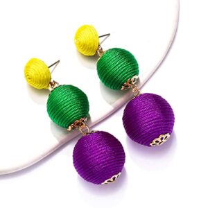 Raffia Earrings Boho Rattan Ball Earrings for Women Handmade Rattan Dangle Drop Earrings Summer Beach Long Earrings Holiday Accessory Gifts (Mardi Gras Color)