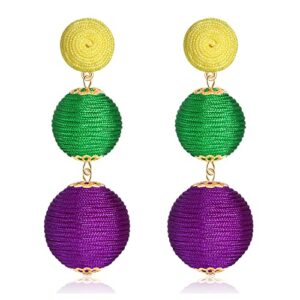 Raffia Earrings Boho Rattan Ball Earrings for Women Handmade Rattan Dangle Drop Earrings Summer Beach Long Earrings Holiday Accessory Gifts (Mardi Gras Color)