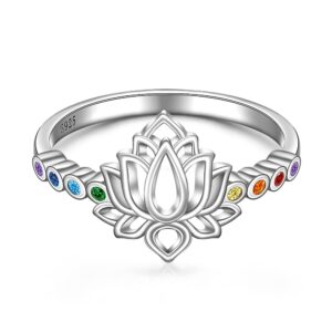 Lotus Ring Chakra Ring for Women Lotus Flower Rings Sterling Silver Yoga Chakras Jewelry Meditation Anxiety Relief Size 8