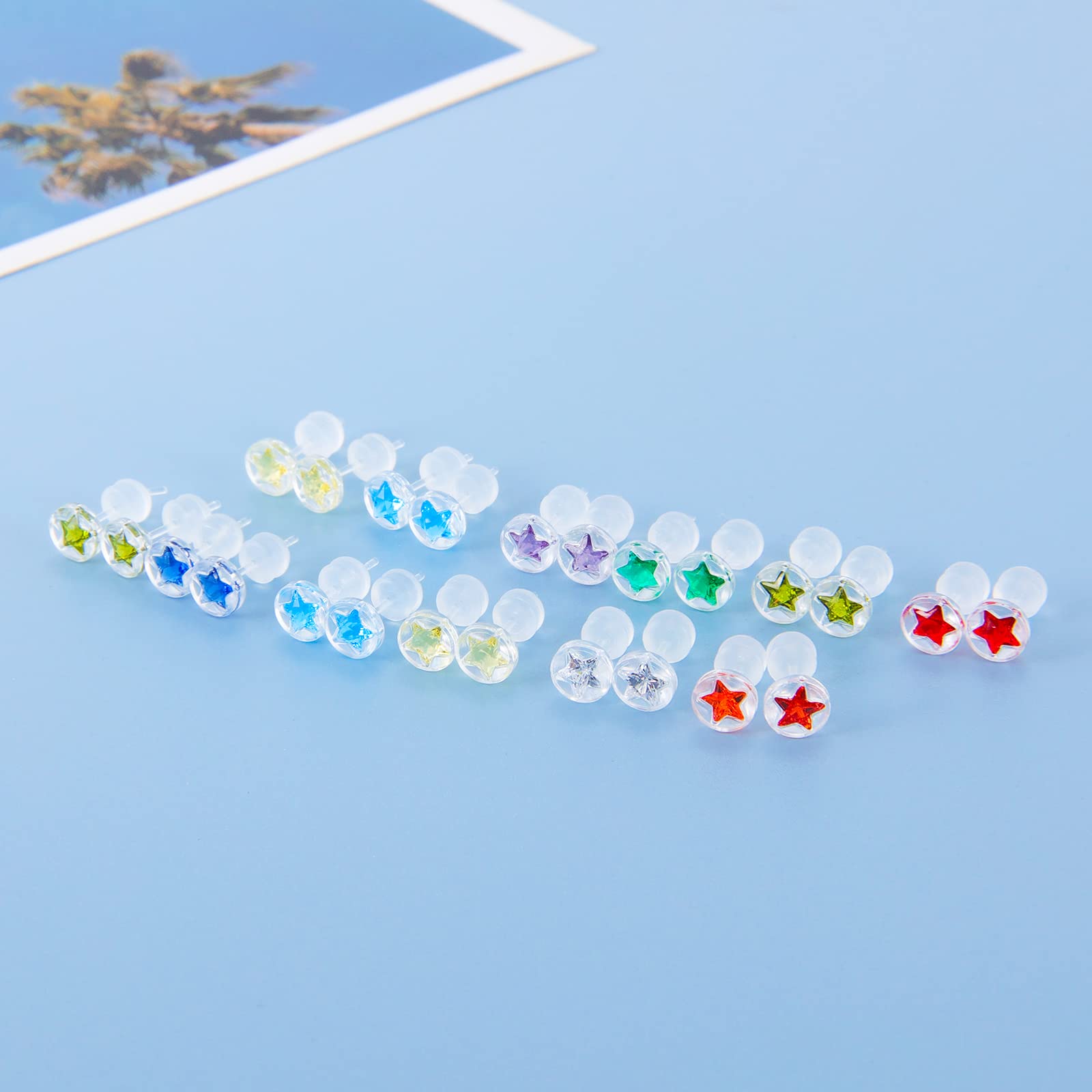 12 Pairs Plastic Earrings for Sensitive Ears, Plastic Post Stud Earrings, Star Heart Birthstone Cubic Zirconia CZ Stud Earrings for Women (Star 3mm)