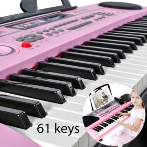 iMeshbean Kids 24'' Electric Keyboard Piano 61 Keys Piano, Electronic Piano with Microphone Music Keyboard Piano for Girls Boys Children (Pink)