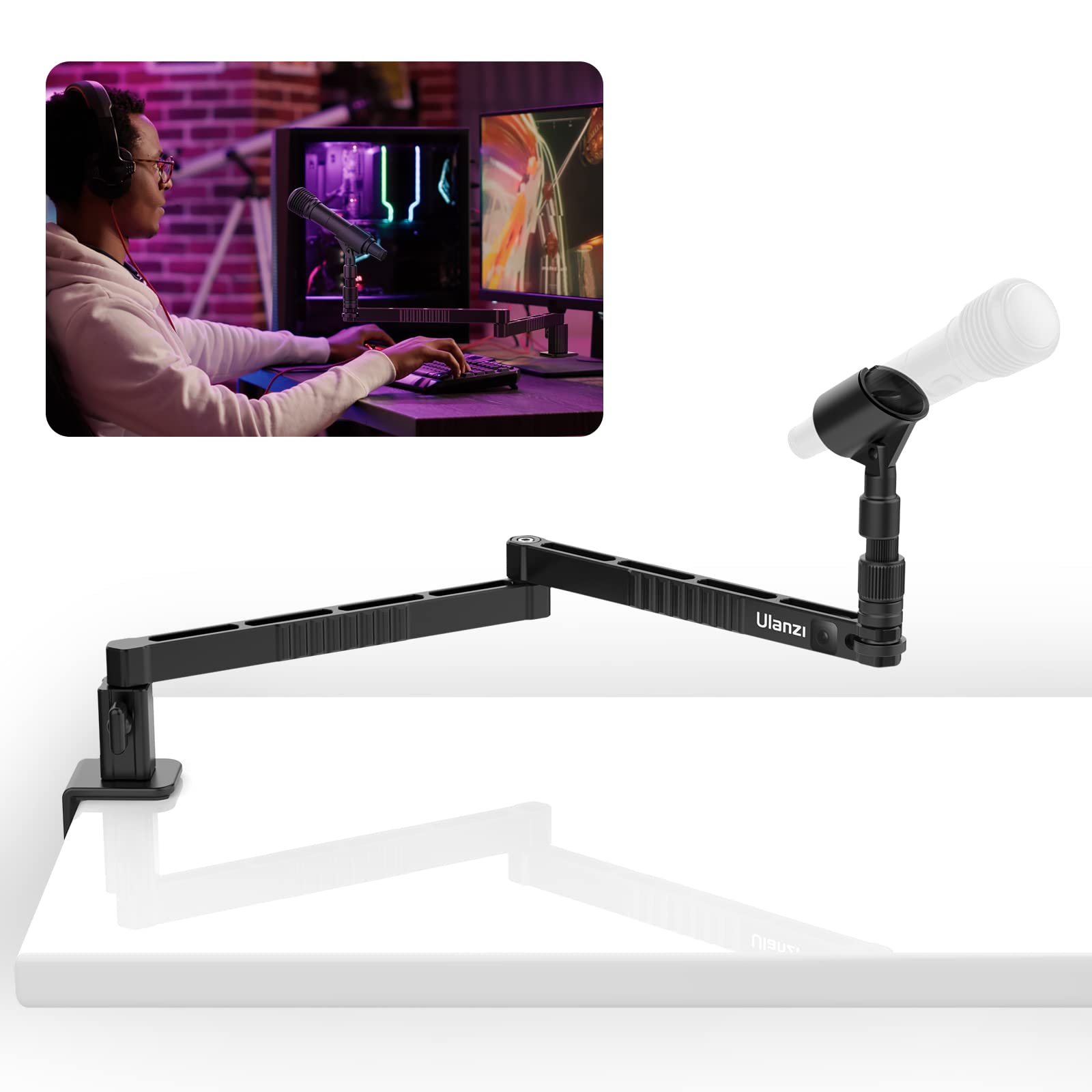 ULANZI LS26 Low Profile Mic Arm, Aluminum 360° Rotatable Foldable Microphone Low Arm Desk Mount for Podcast/Streaming/Gaming/Radio Studio w Mic Clip 1/4" 3/8" 5/8" Screw for Most Mics