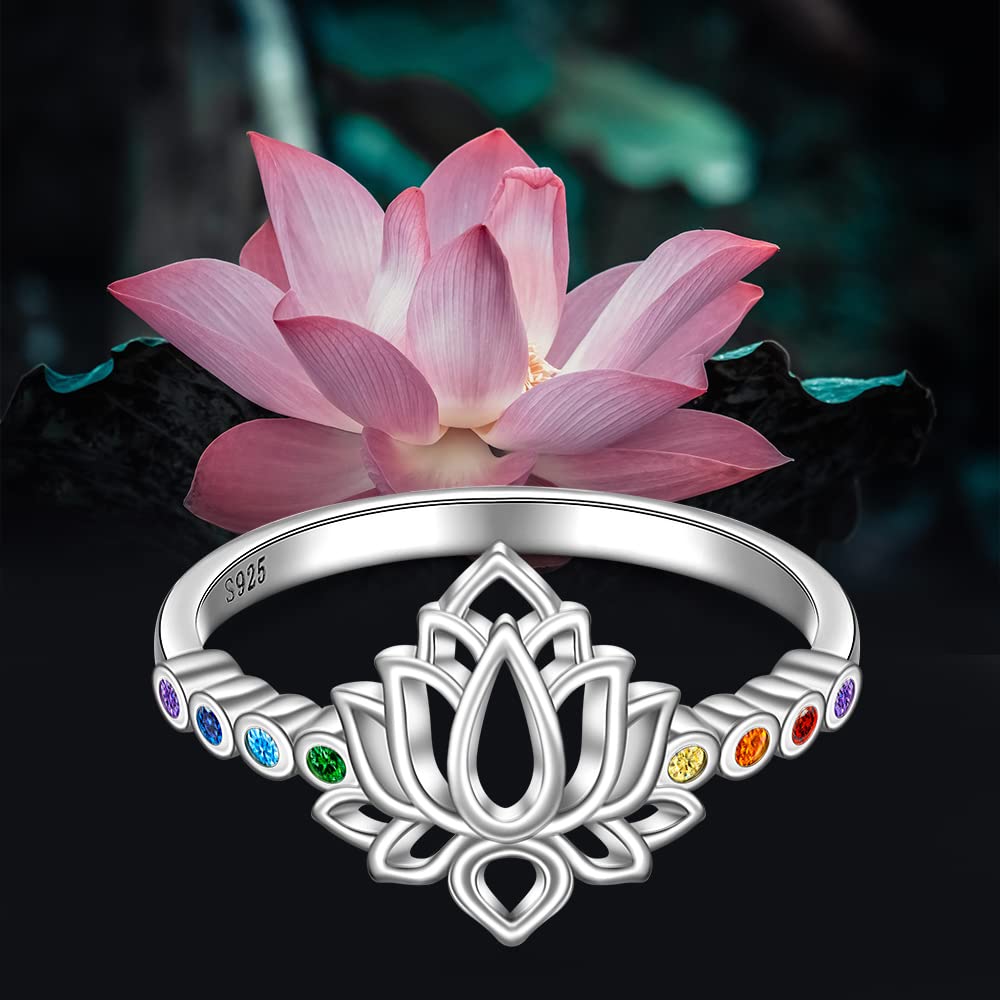 Lotus Ring Chakra Ring for Women Lotus Flower Rings Sterling Silver Yoga Chakras Jewelry Meditation Anxiety Relief Size 8