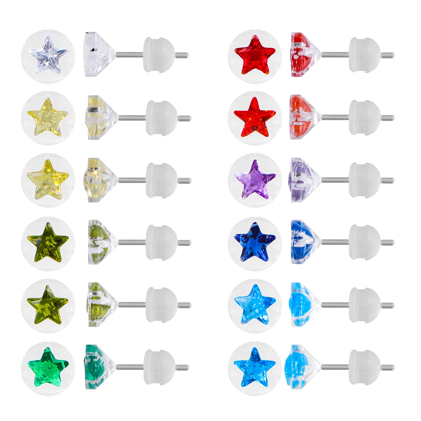 12 Pairs Plastic Earrings for Sensitive Ears, Plastic Post Stud Earrings, Star Heart Birthstone Cubic Zirconia CZ Stud Earrings for Women (Star 3mm)