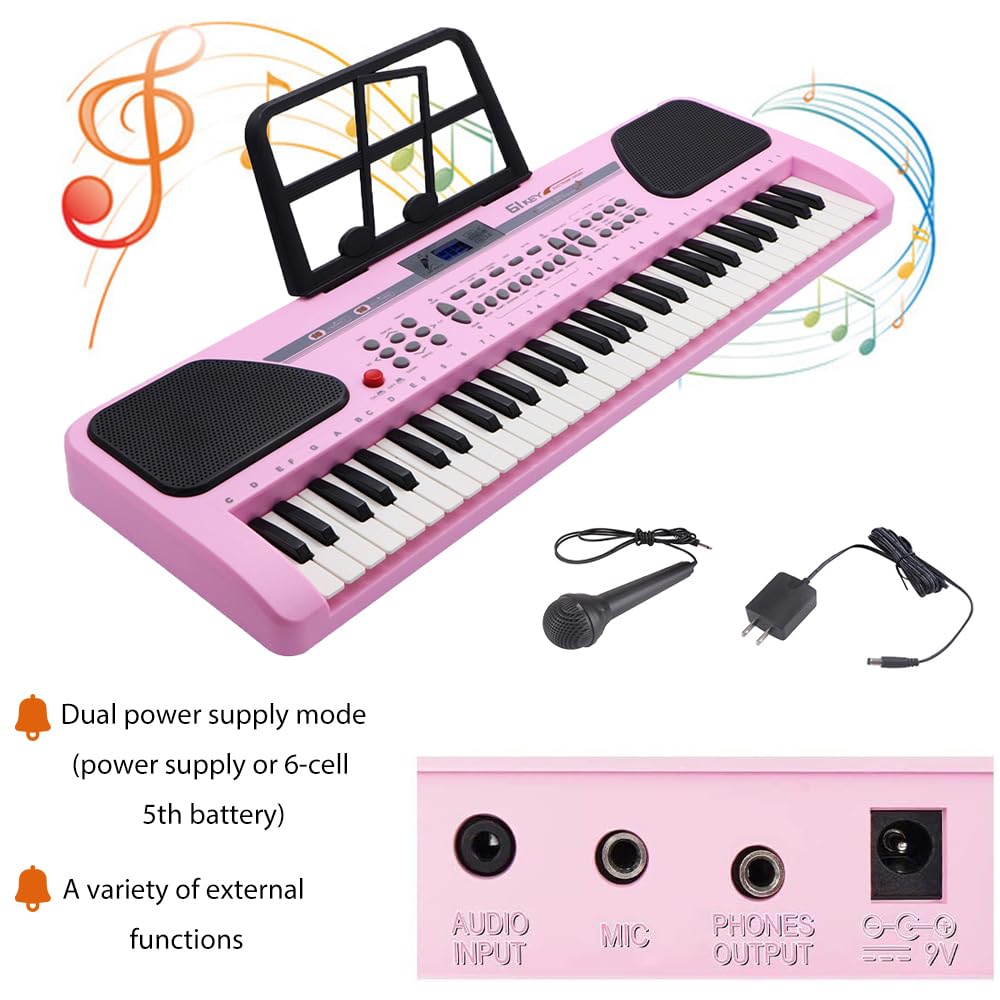 iMeshbean Kids 24'' Electric Keyboard Piano 61 Keys Piano, Electronic Piano with Microphone Music Keyboard Piano for Girls Boys Children (Pink)