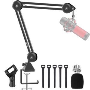 boom arm, aveek foldable desktop mic boom arm fully adjustable scissor 360°rotatable microphone arm stand with desk mount microphone clip 3/8" - 5/8" adapter for blue yeti snowball hyperx quadcast