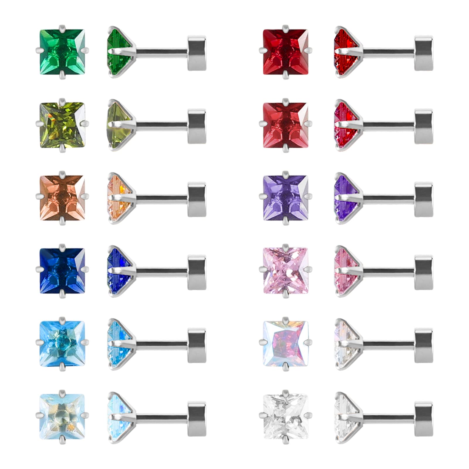 12 Pairs Surgical Stainless Steel Flat Back Stud Earrings,Screw Back Gold Plated Teardrop Square Cubic Zirconia Birthstone Stud Earrings Set for Women (Silver square 3mm)