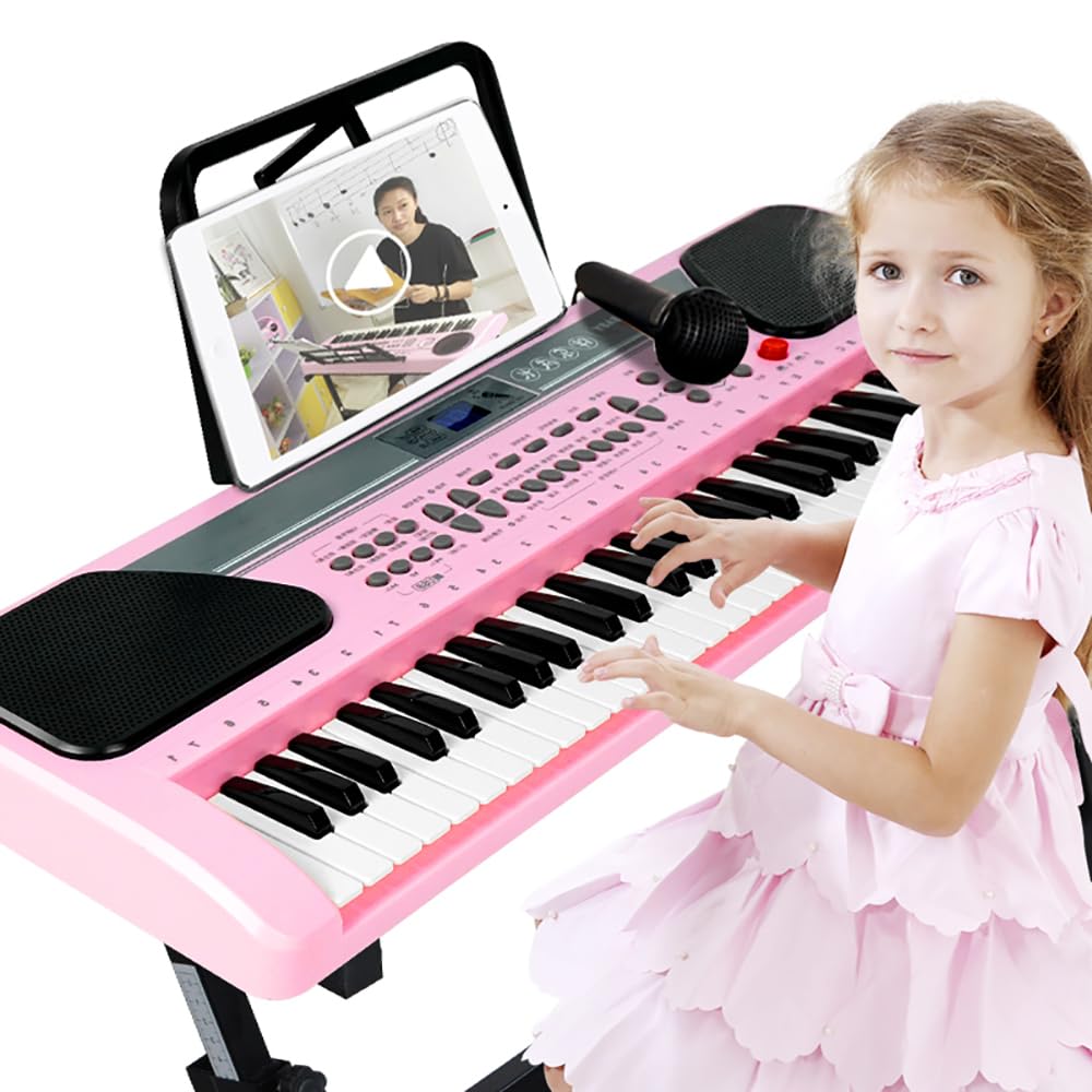 iMeshbean Kids 24'' Electric Keyboard Piano 61 Keys Piano, Electronic Piano with Microphone Music Keyboard Piano for Girls Boys Children (Pink)