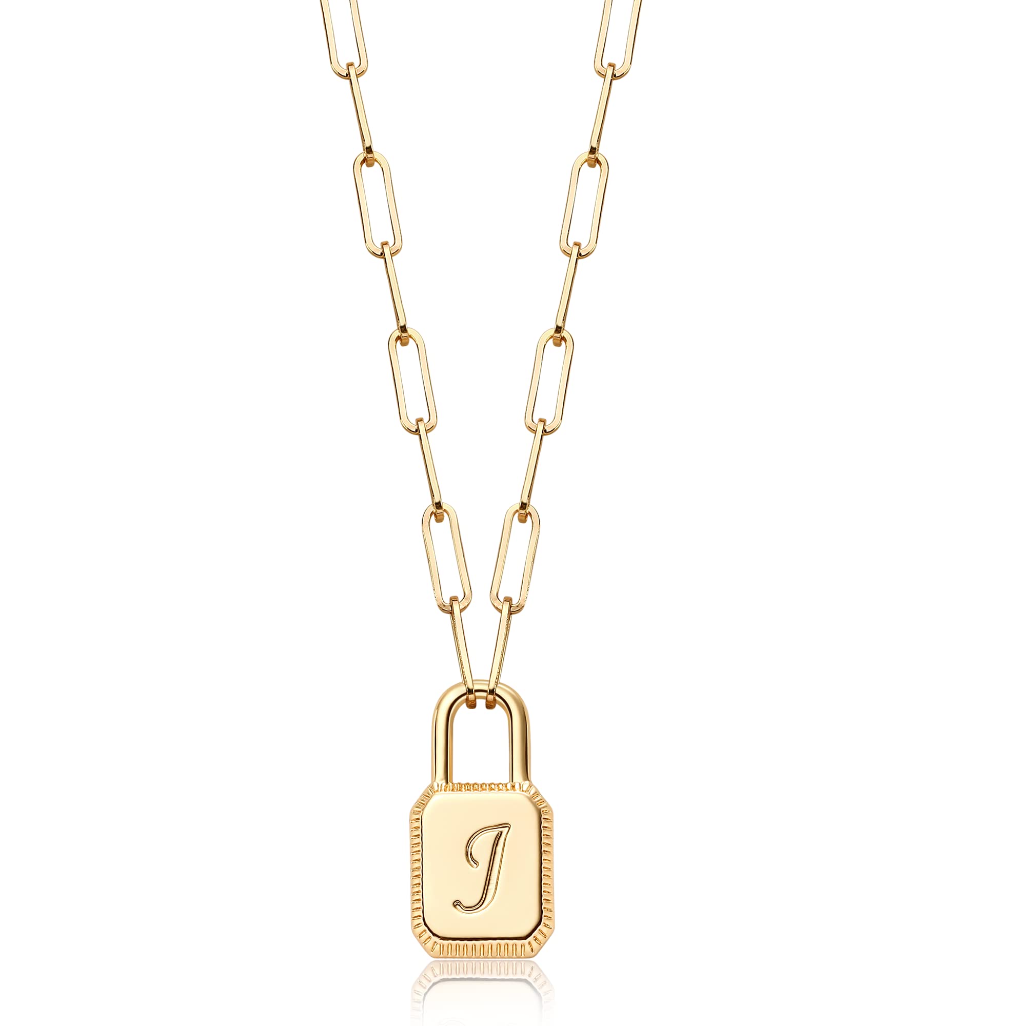 MTMY Lock Initial Necklaces,14K Gold Plated Adjustable Paperclip Chain Dainty Lock Necklace Personalized Engraved Letter Lock Pendant Necklace for Women Jewelry (J)